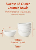 Sweese 18 oz Medium White Porcelain Bowls - Set of 6 Cereal, Soup, Rice & Salad Bowls, Ceramic Serving Bowls for Everyday Use