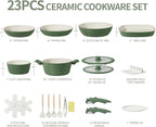 23pcs Ceramic Pots and Pans Set, Nonstick Detachable Handle Cookware, Induction Kitchen Cooking Set with Removable Handle,include Frying Pans & Saucepans Oven Safe(Green)