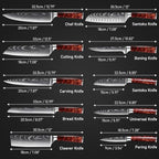 10-Piece Premium Japanese Kitchen Knife Set - Imperial Collection, Laser Damascus Pattern, 440A Stainless Steel Ultra Sharp for Fast Cutting (Red)