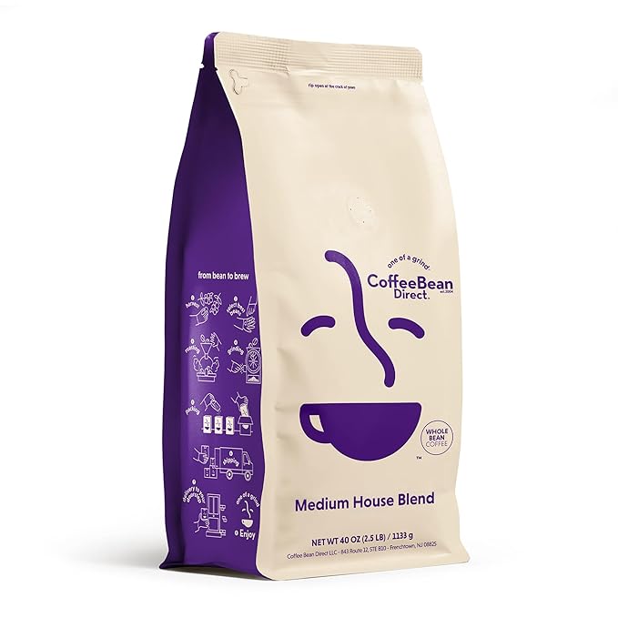 Coffee Bean Direct Medium House Blend, Whole Bean Coffee, Medium Roast, 2.5 Pound Bag (Pack of 1)