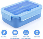 Caperci Classic Bento Lunch Box for Adult & Older Kids - Leakpoof 47 oz 3-Compartment Lunch Containers for Adults and Teens, Built-in Utensil Set, Ideal for On-the-Go, Blue