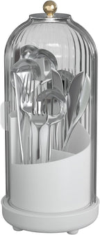 Cutlery holder with cover,Internally rotatable, Plastic Cutlery Storage Organizer for Kitchen Cabinet or Pantry - Basket Organizer for Forks, Knives and Spoons. With cover. White ﻿