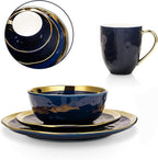 Stone Lain Porcelain 16 Piece Dinnerware Set, Service for 4, Blue and Golden Rim, Dark Blue