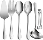 6 PCS Stainless Steel Serving Utensils, Large Serving Spoons Slotted Spoons, Forks, Ice Suger Tongs, Cake Server, Soup Ladle, Metal Utensils Set Great for Buffet Catering Banquet Party, Silver