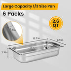 1/3 Hotel Pans 2.5 Inch Deep Stainless Steel Food Pan - Anti-Jam 6 Pack Steam Table Pan Set for Catering, Buffet Use, Kitchen Prep