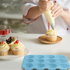 12 Cups Silicone Muffin Pan, Nonstick Cupcake Pan, Heat Resistant Silicone Muffin Tin, Reusable Cupcake Moulds Baking Pan for Cakes, Bread (Blue-2 Packs)