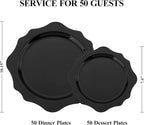 100 PCS Black Disposable Plates for 50 Guests, Scalloped Plastic Plates Include 50 Dinner Plates and 50 Dessert Plates for Party, Wedding, Graduation and Father's Day