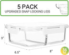 [5-Pack,36 Oz]Glass Meal Prep Containers 2 Compartments Portion Control with Upgraded Snap Locking Lids Glass Food Storage Containers, Microwave, Oven, Freezer and Dishwasher (4.5 Cups, White)
