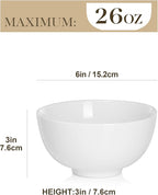 MALACASA 26 oz Porcelain Soup Bowls, White Ceramic Cereal Bowls for Kitchen 6 inch Bowls Set of 6 for Oatmeal Salad Fruit Rice Dishwasher and Microwave Safe, Series Regular
