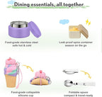 Lunch Box Kids with 5 Compartments, Insulated Food Jar & Utensil & Sauce Container & Lunch Bag & Silicone Collapsible Cup, Leak Proof Bento Box, BPA-Free & Dishwasher Safe-Soft Purple