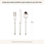 MACKENZIE-CHILDS Supper Club 3-Piece Place Setting, Fork, Spoon, and Knife Dinner Flatware Set, Gray-and-White Sterling Check