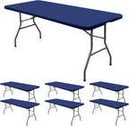 6 Pack Stretch Fabric Table Top Cap Cover, fits 8' Tables, Spandex Table Covers Washable Elastic Rectangle Tablecloth Protector for Indoor Outdoor Party Picnic Wedding, Navy Blue, 30" W x 96" L