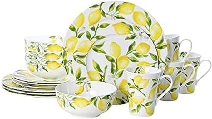 Mikasa Lemons 16-Piece Bone China Dinnerware Set, Service for 4, Includes Dinner Plates, Salad Plates, Cereal Bowls and Mugs, Dishwasher and Microwave Safe by Mikasa