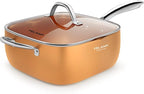 FELAMP 11-Inch Ceramic Nonstick Deep Square Frying Pan Set with Glass Lid, Stainless Steel Fry Basket & Steamer Rack, Induction Compatible, Oven &Dishwasher Safe, 4-Piece Copper Pan Chef Cookware Set