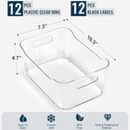 12 PACK Multi-Use Clear Plastic Storage Bins for Organizing w/Labels - Home, Kitchen, Pantry, Bathroom, Office, Cabinet Shelf Organizer Bins - SOHO Collection, RV, Fridge Organization Containers - L