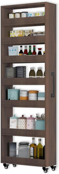 7-Tier Slim Storage Cart, Wooden Rolling Pantry Cabinet with Wheels, Narrow Shelf Organizer for Kitchen, Bakers Rack, Dining Room, Closet, Small Spaces Teak 73.2''H*9.8''W*19.6''D