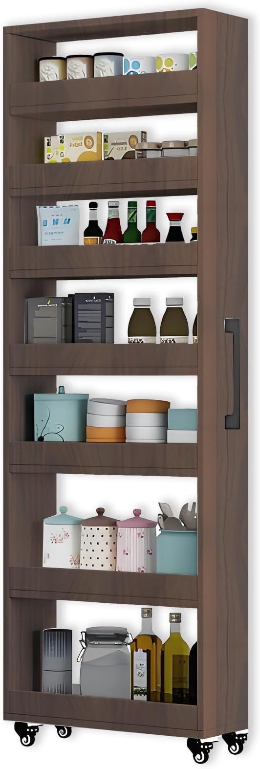 7-Tier Slim Storage Cart, Wooden Rolling Pantry Cabinet with Wheels, Narrow Shelf Organizer for Kitchen, Bakers Rack, Dining Room, Closet, Small Spaces Teak 47.2" H*5.9" W*16.9" D