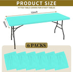 6 Pack Fitted Tablecloth for 6 Foot Rectangle Tables, Aqua Blue Elastic Outdoor Picnic Table Cover, Washable Stretch Folding Table Cloths 6 ft for Camping Party Patio Kitchen Banquet, 30" W x 72" L