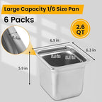 1/6 Hotel Pans 6 Inch Deep Stainless Steel Food Pan - Anti-Jam 6 Pack Steam Table Pan Set for Catering, Buffet Use, Kitchen Prep