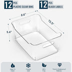 12 PACK Multi-Use Clear Plastic Storage Bins for Organizing w/ Labels - Home, Kitchen, Pantry, Bathroom, Office, Cabinet Shelf Organizer Bins - SOHO Collection, RV, Fridge Organization Containers -XL