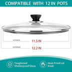 12 Inch Pan Lid, Universal Replacement Pot Lid for Frying Pans, Cast Iron Skillets, Tempered Glass Pan Cover with Steam Vent