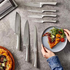 Cuisine::pro Damashiro 8-Piece Satori Knife Block - Japanese Steel Knife Set with Acacia Wood Knife Block -Damascus-Inspired Blade