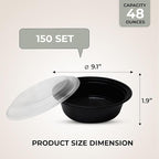 Klex 24 Oz, 150 Sets Meal Prep Containers with Airtight Lids, BPA Free, Reusable Plastic Food Container, 24 oz, Round, Black/Clear, 150 Sets