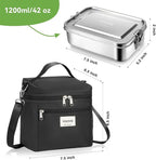 Voova Stainless Steel Lunch Box with Lunch Bag for Women Men Adult, (42oz/1200ml) Leakproof Metal Bento Box with Free Sealing, Insulated Lunch box for Work, Black