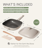 10.5 Inch(3.8QT) Ceramic Pan with Lid,Non Stick Frying Pans Cast Aluminum Deep Sauté Pans,Ti-Ceramic Non Toxic Pix Pan with Wooden Spatula and Scrubber-Morning Mist