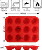 12 Cups Silicone Muffin Pan, Nonstick Cupcake Pan, Heat Resistant Silicone Muffin Tin, Reusable Cupcake Moulds Baking Pan for Cakes, Bread (Red-2 Packs)