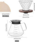 Pour Over Coffee Maker Set – V60 Drip Coffee Pot with Walnut Handle, Glass Coffee Dripper & 100 Filters, 20oz/600ml Capacity