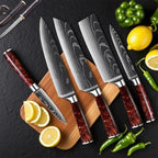 10-Piece Premium Japanese Kitchen Knife Set - Imperial Collection, Laser Damascus Pattern, 440A Stainless Steel Ultra Sharp for Fast Cutting (Red)