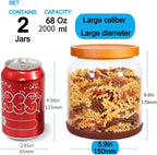 SAIOOL 2PCS Large Glass Storage Jars with Wooden Lids,Airtight Food Storage Containers, 3mm Thick Glass Kitchen Pantry Organization, Laundry Detergent Pods, with Scoop & Labels (67 FL OZ/2000 ml)