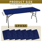 6 Pack Stretch Fabric Table Top Cap Cover, fits 6' Tables, Spandex Table Covers Washable Elastic Rectangle Tablecloth Protector for Indoor Outdoor Party Picnic Wedding, Navy Blue, 30" W x 72" L