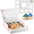JCD 8 Packs Pink Bento Cake and Cupcake Box 1+8 Bento Box with Clear Window for 4-inch Cake and 8 Cupcakes Packaging Gift Baked Goods for Family Dinner Birthday Party Picnic Gift (Pink 1+8/8Pcs)