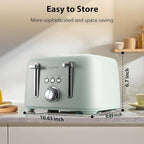 LONGDEEM 4-Slice Toaster 1.5" Extra Wide Slot Stainless Steel with High Lift Lever, 6 Presets & Bagel/Defrost/Cancel Function, Removal Crumb Tray, Under Base Cord Storage, Green