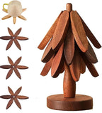 Natural Wood Tree Trivet Set, 𝐍atural Tree Trivet Set - 4 Wooden Trivets,4 Wooden 𝐓rivets & 1 Stand Like a Christmas Trees,for Hot Dish,Pot,Bowl,Teapot,Hot Pot Sets (Walnut Finish 3 Trivets,1set)