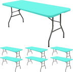 6 Pack Fitted Tablecloth for 8 Foot Rectangle Tables, Aqua Blue Elastic Outdoor Picnic Table Cover, Washable Stretch Folding Table Cloths 8 ft for Camping Party Patio Kitchen Banquet, 30" W x 96" L