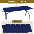 10 Pack Stretch Fabric Table Top Cap Cover, fits 6' Tables, Spandex Table Covers Washable Elastic Rectangle Tablecloth Protector for Indoor Outdoor Party Picnic Wedding, Navy Blue, 30" W x 72" L