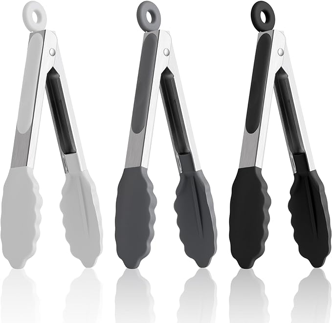 7-Inch Silicone Tongs Pack of 3, Small Tongs with Silicone Tips for Cooking, Barbecue, Buffet Serving (7", Black/Grey/White)