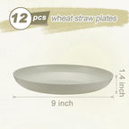 12 Pcs Unbreakable Deep Dinner Plates Set, 9 inch Reusable Plastic Wheat Straw Plates, Microwave and Dishwasher Safe Plate for Kitchen, Lightweight Plate for Dessert, BPA Free, Beige