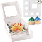 JCD 8 Packs 1+5 Cupcake Box Combo with Clear Window,1 small Cake and 5 Cupcakes Box with insert and Stickers, for Family Birthday Party Mother's day (1+5/8pcs)
