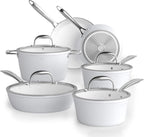 COOKSMARK Nonstick Ceramic Cookware Set, Induction & Dishwasher Safe Scratch-Resistant Pots and Pans Set with Glass Lids 10 Pieces, White