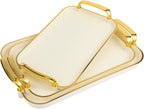 Serving Tray with Handles Set of 3 Rectangular Large Serving Platters 16.5/14.9/13.2 Inch White Plates for Dinner, Party, Entertaining, Cream Gold