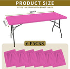 6 Pack Fitted Tablecloth for 8 Foot Rectangle Tables, Hot Pink Elastic Outdoor Picnic Table Cover, Washable Stretch Folding Table Cloths 8 ft for Camping Party Patio Kitchen Banquet, 30" W x 96" L