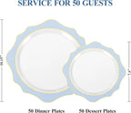 100 PCS White and Blue Disposable Plates for 50 Guests, Scalloped Plastic Plates Include 50 Dinner Plates and 50 Dessert Plates for Party, Wedding and Graduation