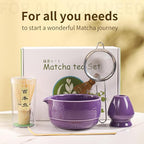 Matcha Tea Set, 5-Piece Ceramic Matcha Bowl & Whisk Kit with Cute Cat Pattern, Traditional Japanese Chawan, Scoop & Sifter, Perfect for Tea Ceremony, Gift for & Tea Lovers (Purple;)