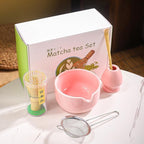 Matcha Tea Set, 5-Piece Ceramic Matcha Bowl & Whisk Kit with Cute Cat Pattern, Traditional Japanese Chawan, Scoop & Sifter, Perfect for Tea Ceremony, Gift for & Tea Lovers (pink)