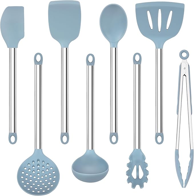 8PCS Kitchen Utensils Set, Vayvnt Heat Resistant Silicone Utensils Set for Cooking, Non Scratch Spatula Spoons for Non Stick Pan, Large Kitchen Cooking Tools, Metal Long Handle&Dishwasher Safe, Blue