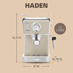 HADEN Barista Brew Espresso Coffee Machine, Stainless Steel Espresso Maker with Milk Frother and Steamer Function and 1.5L Water Tank, Putty & Copper